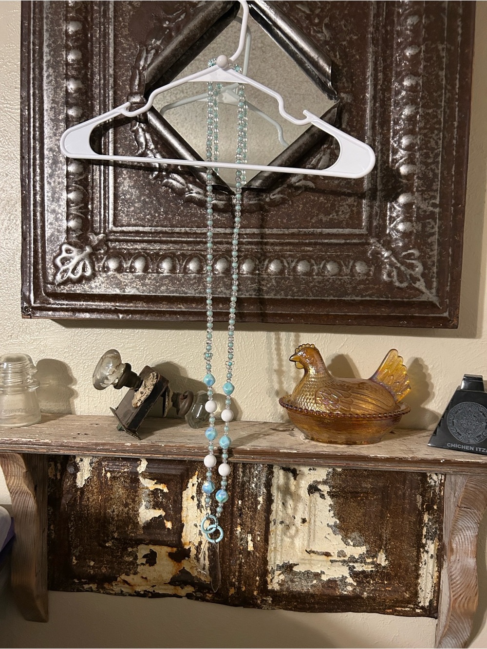 Beaded Decorative Cross Body Phone Carrier! Aqua and white